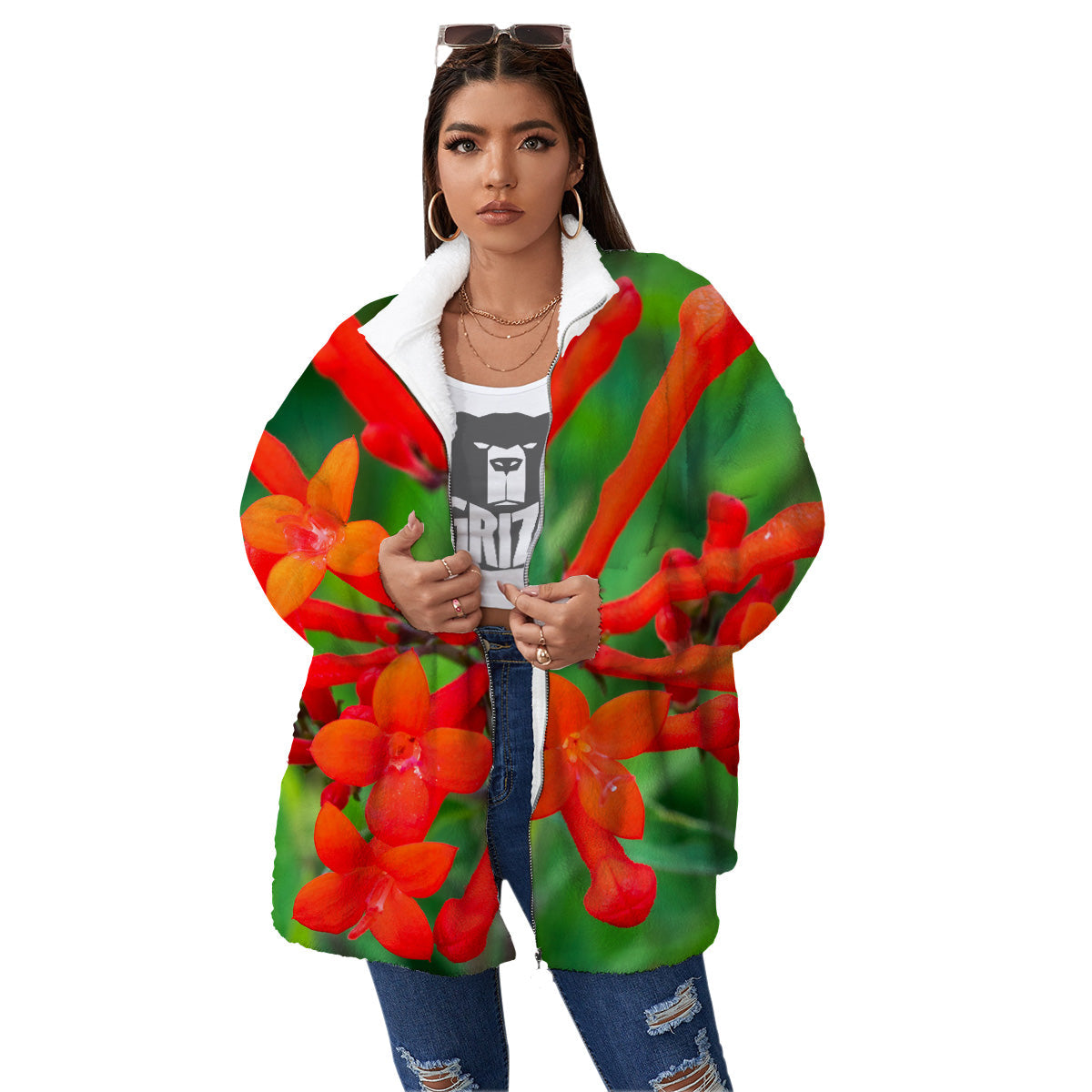 Plant Bouvardia Print Women's Sherpa Jacket-grizzshop