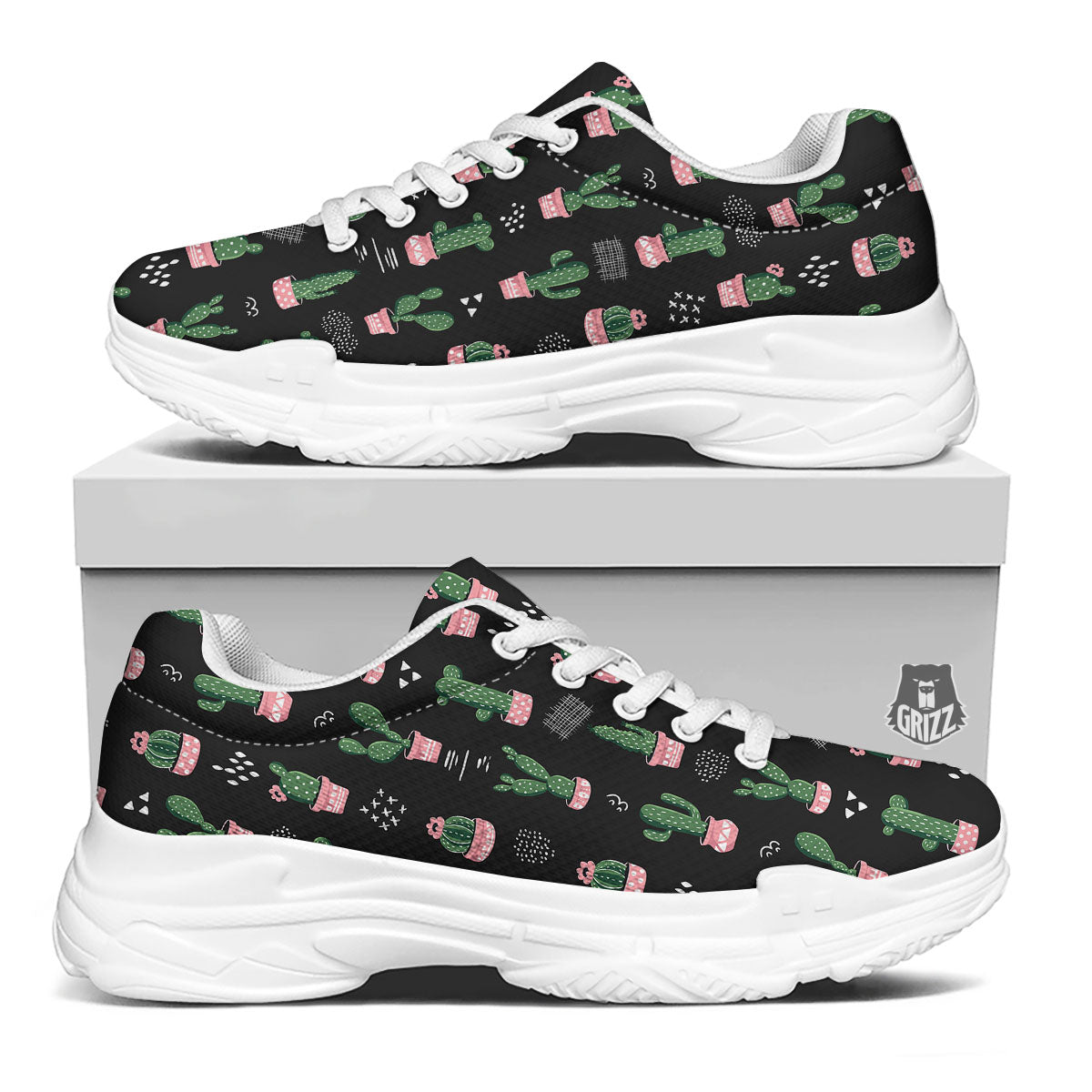 Plant Cute Cactus Print Pattern White Chunky Shoes-grizzshop