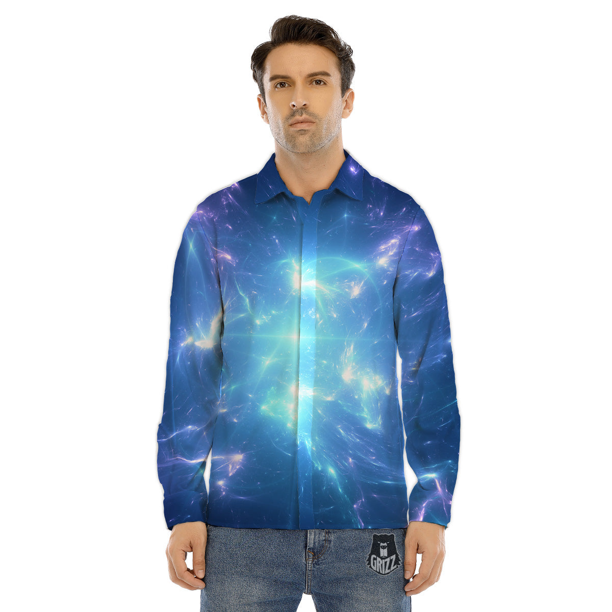 Plasma Blue Print Men's Dress Shirts-grizzshop