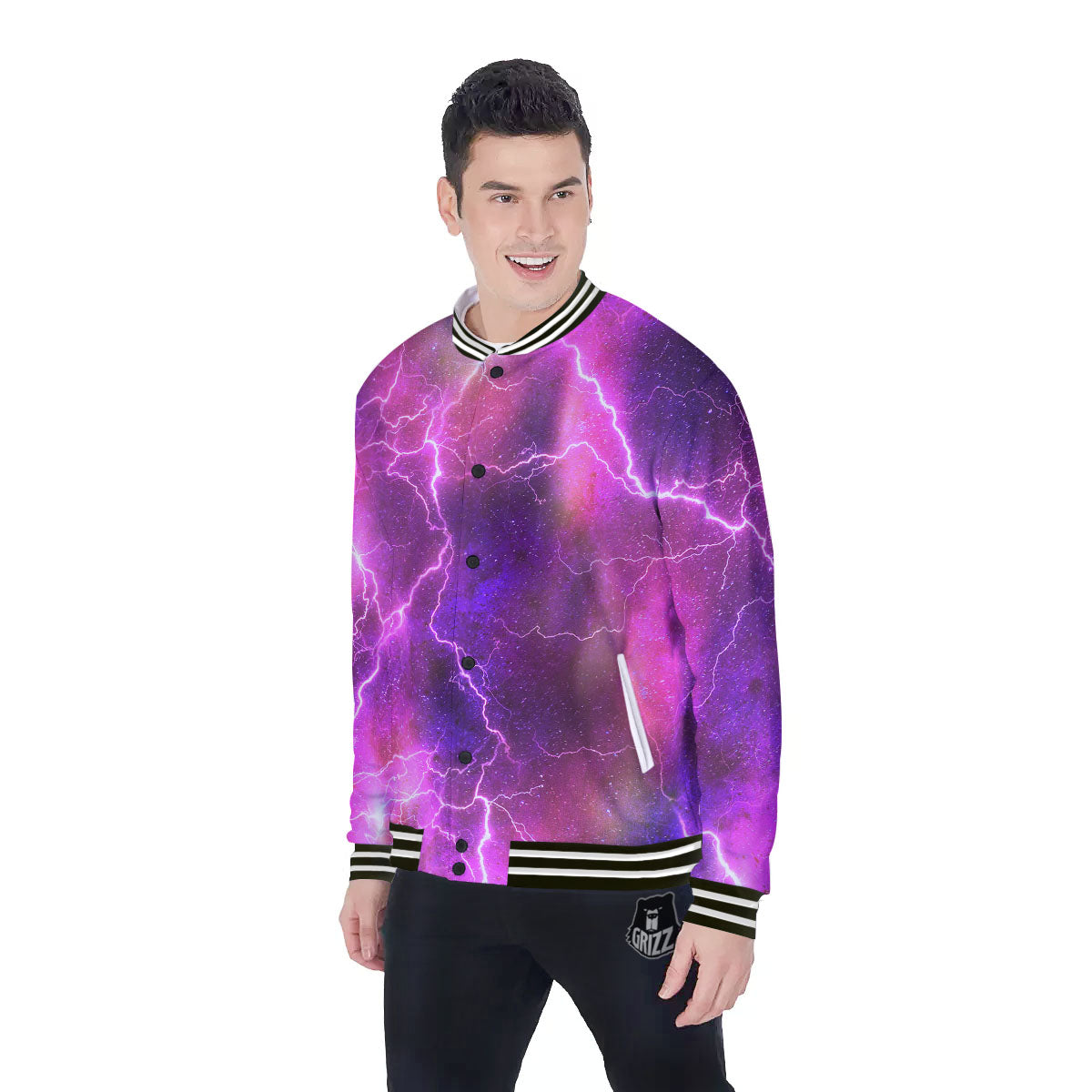 Plasma Lightning Print Baseball Jacket-grizzshop