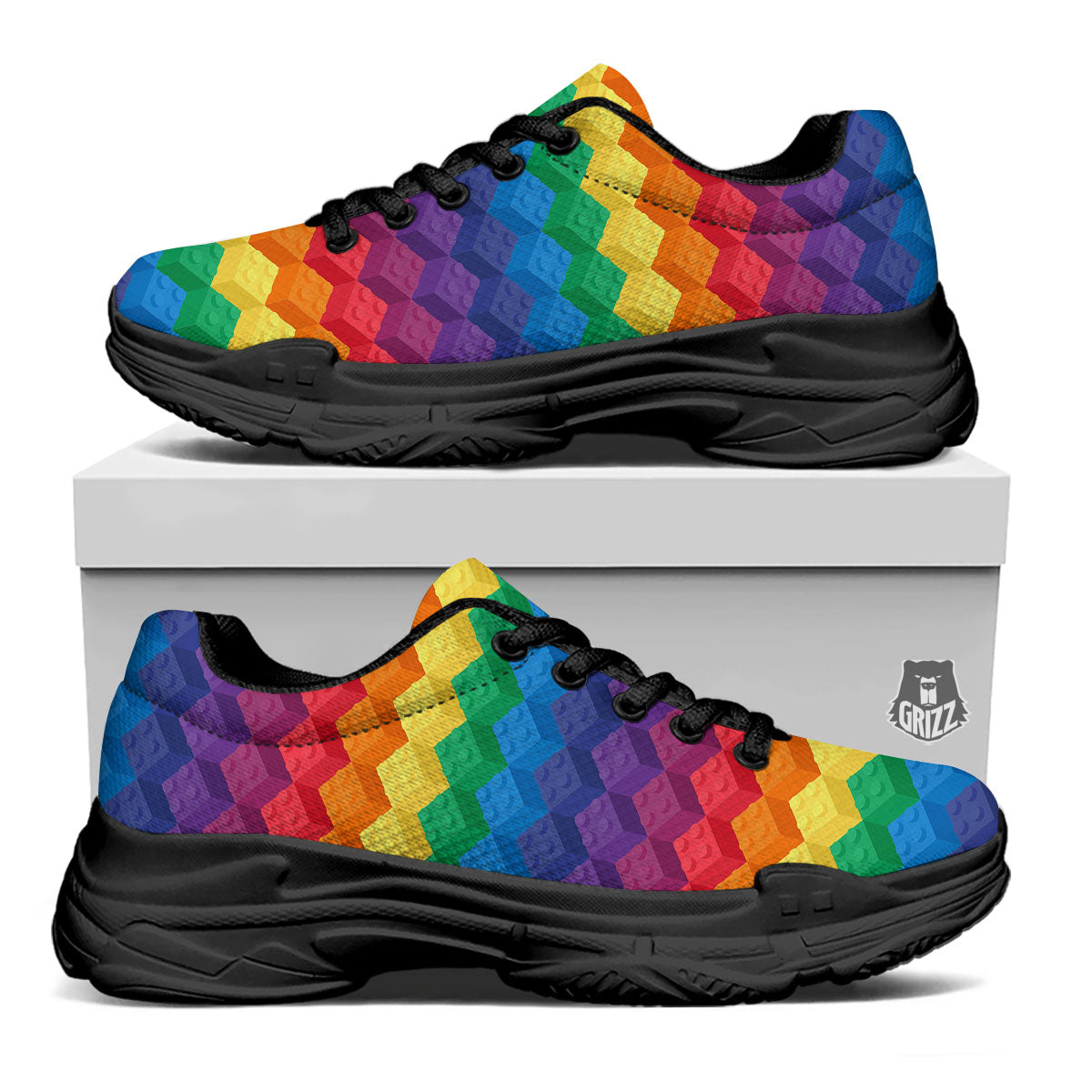 Plastic Blocks Building Print Pattern Black Chunky Shoes-grizzshop