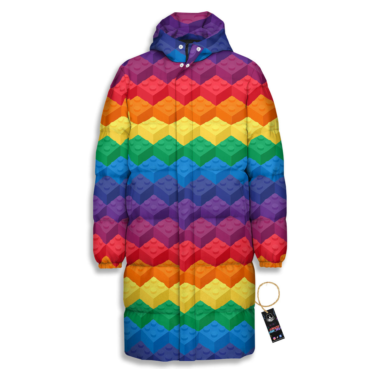 Plastic Blocks Building Print Pattern Long Down Jacket-grizzshop