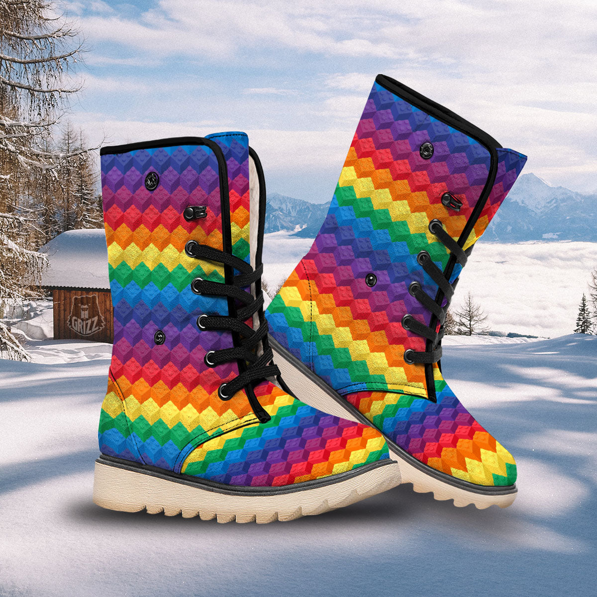 Plastic Blocks Building Print Pattern Snow Boots-grizzshop