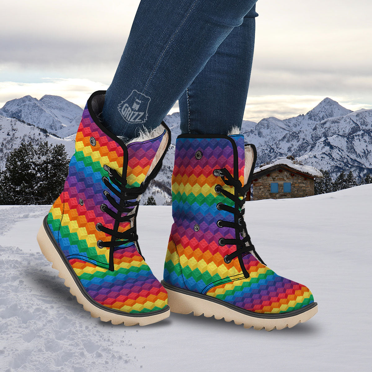 Plastic Blocks Building Print Pattern Snow Boots-grizzshop