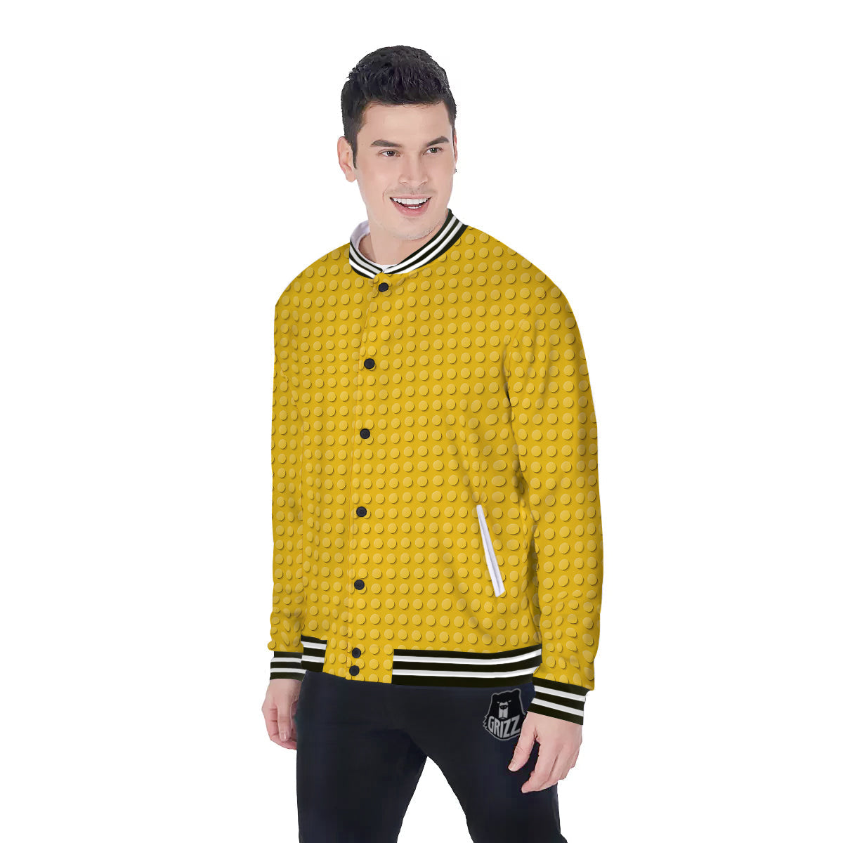 Plastic Building Blocks Yellow Print Pattern Baseball Jacket-grizzshop