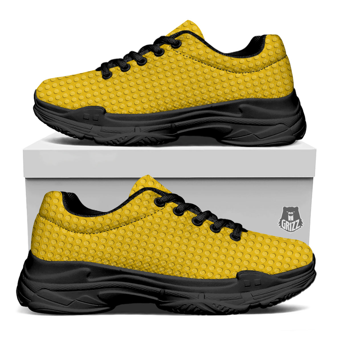 Plastic Building Blocks Yellow Print Pattern Black Chunky Shoes-grizzshop