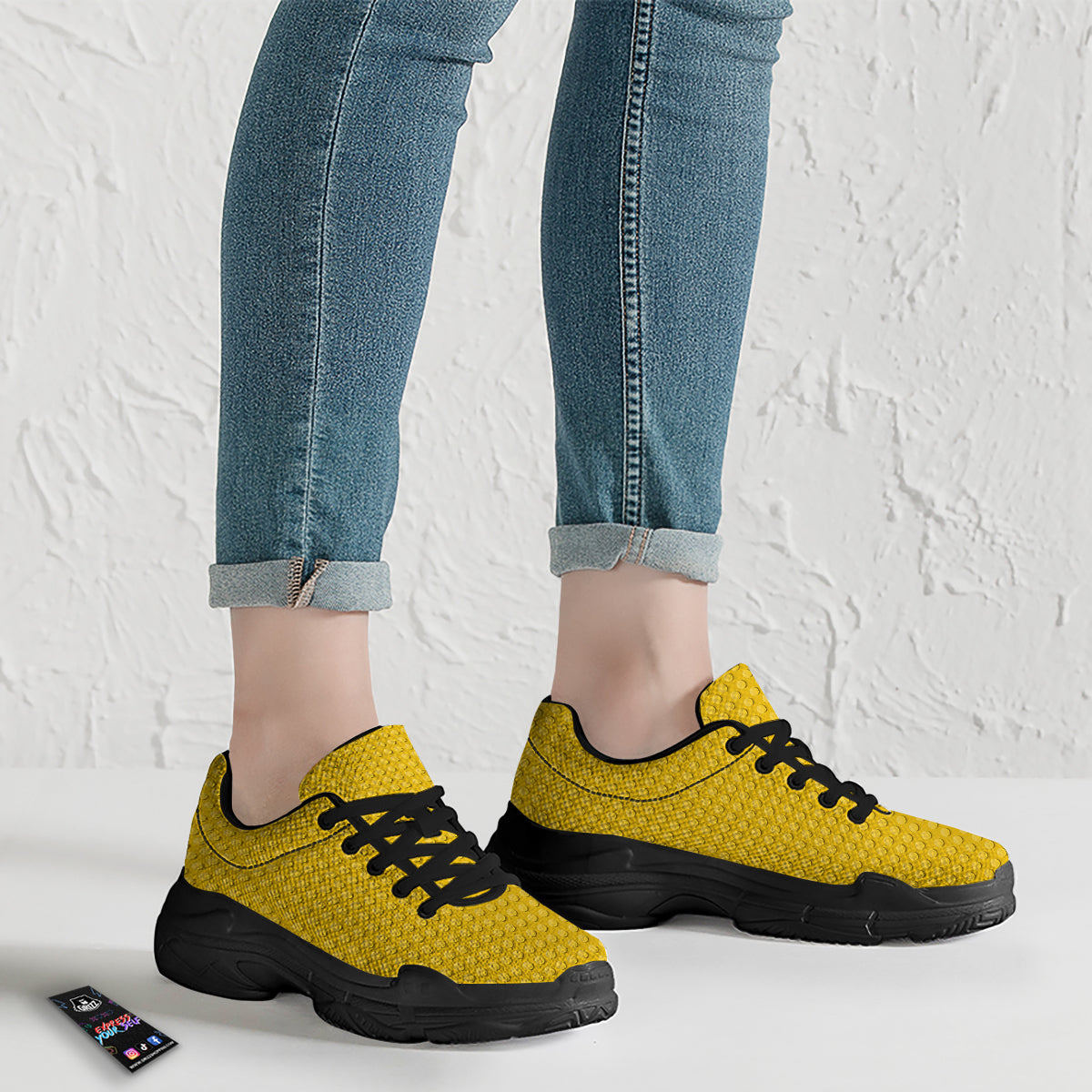 Plastic Building Blocks Yellow Print Pattern Black Chunky Shoes-grizzshop