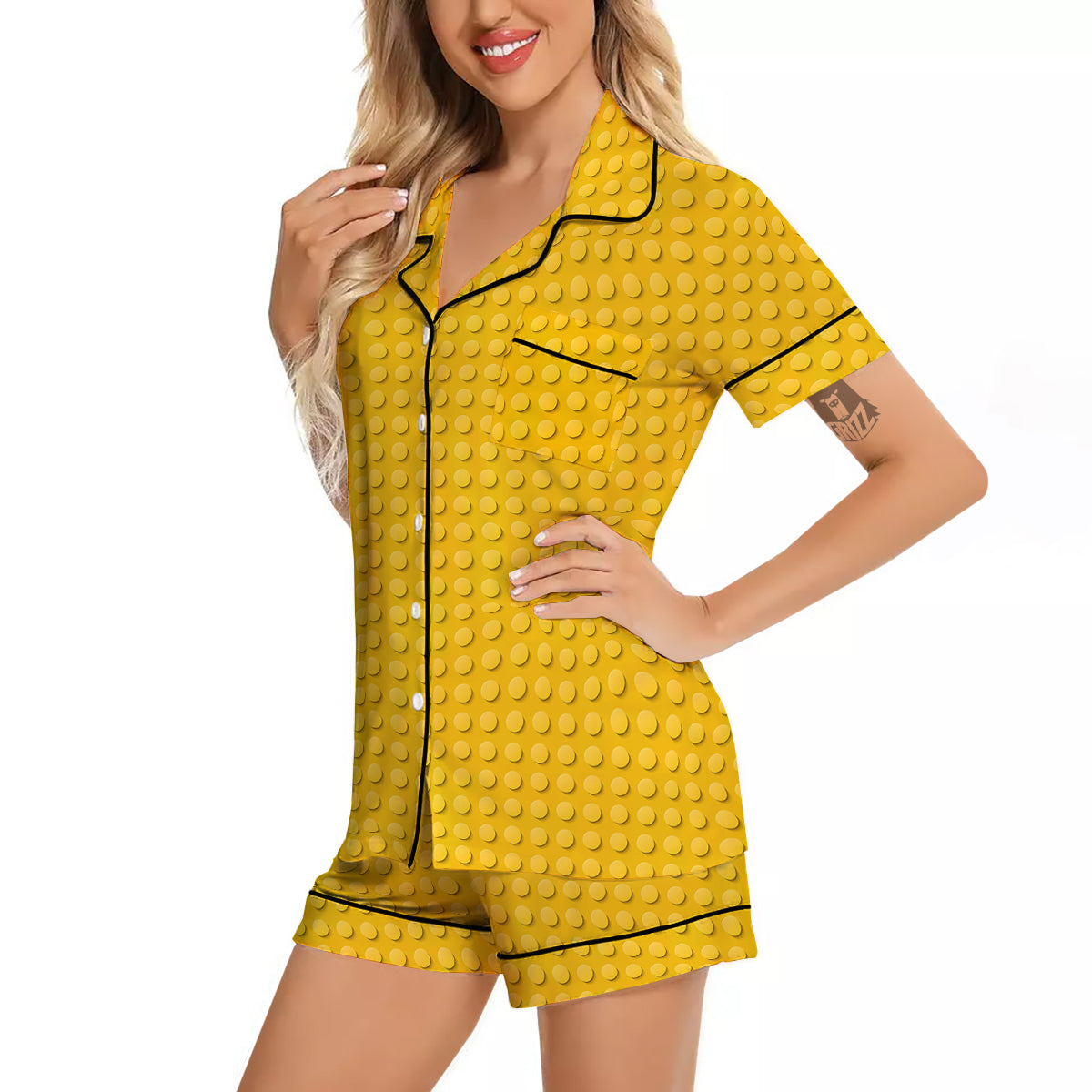 Plastic Building Blocks Yellow Print Pattern Women Silk Pajamas-grizzshop