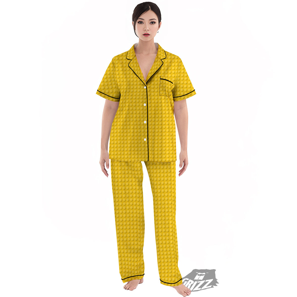 Plastic Building Blocks Yellow Print Pattern Women's Pajamas Set-grizzshop