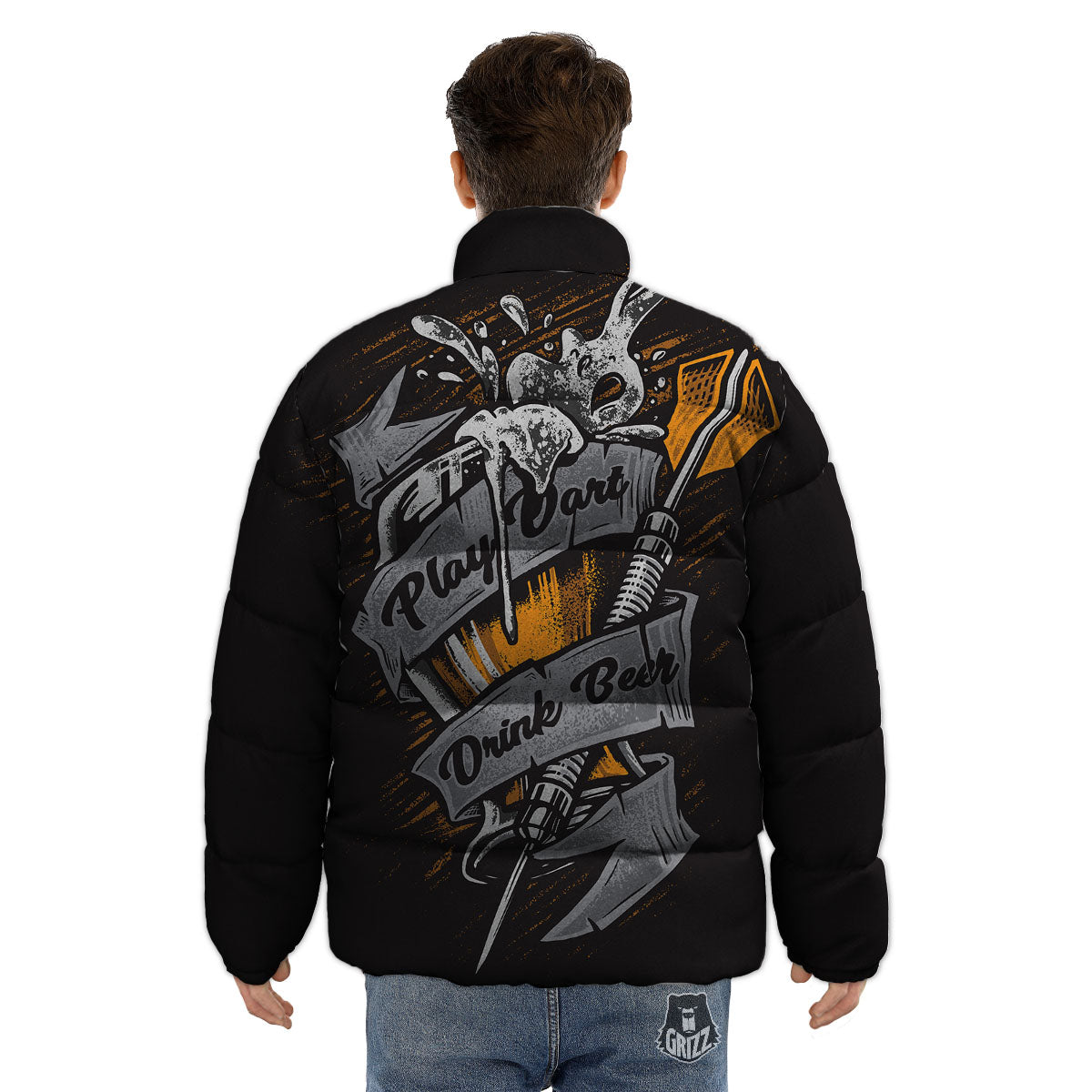 Play Dart Drink Beer Print Puffer Jacket-grizzshop
