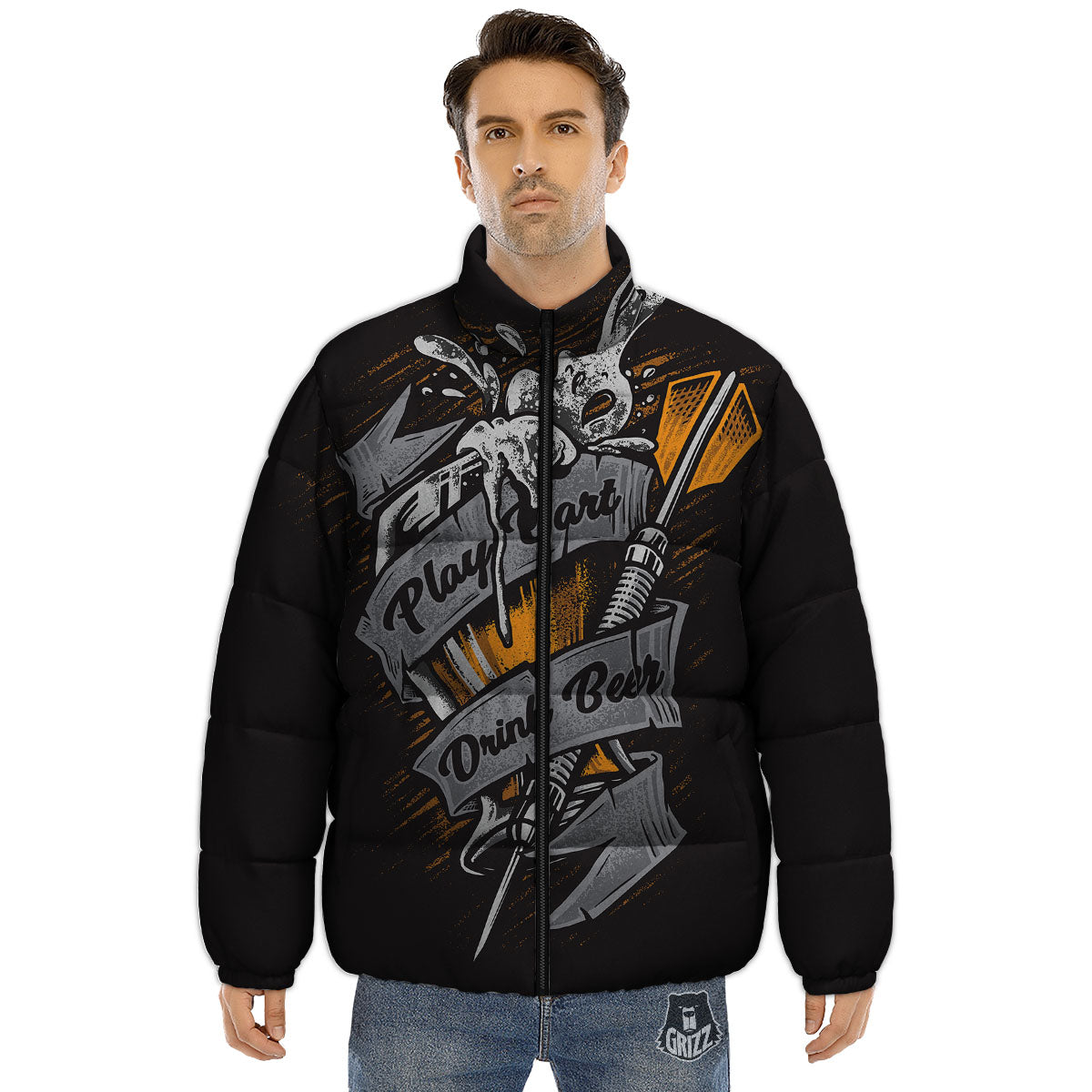 Play Dart Drink Beer Print Puffer Jacket-grizzshop