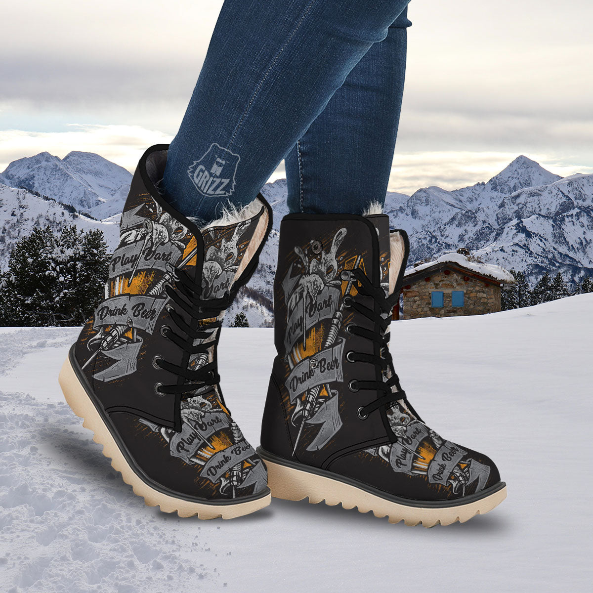 Play Dart Drink Beer Print Snow Boots-grizzshop