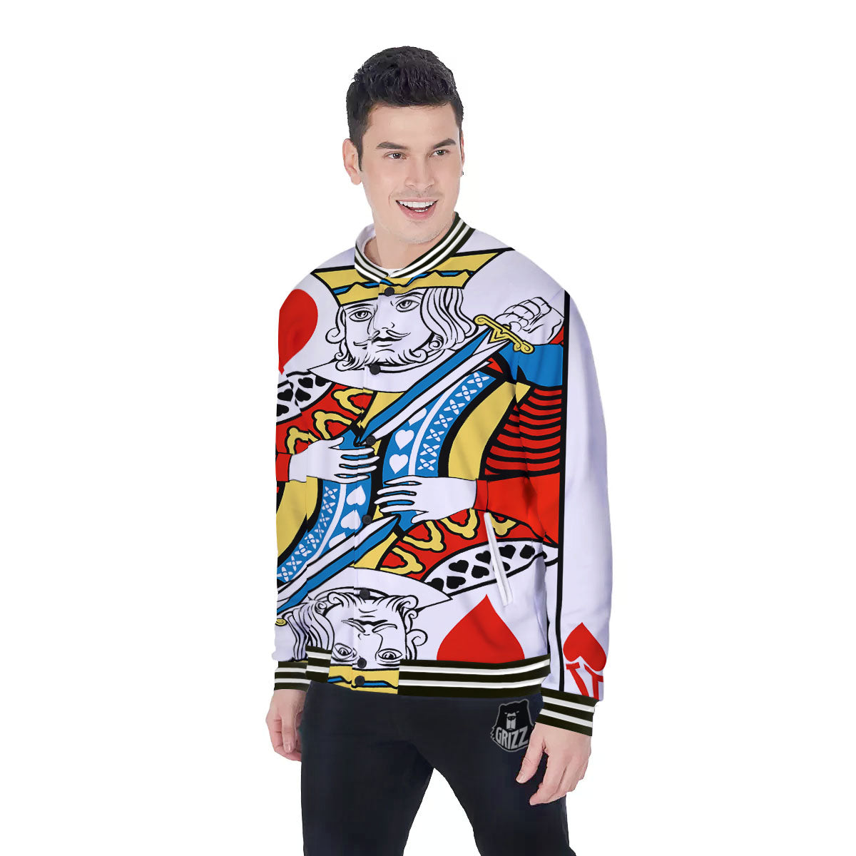 Playing Card King Of Hearts Print Baseball Jacket-grizzshop