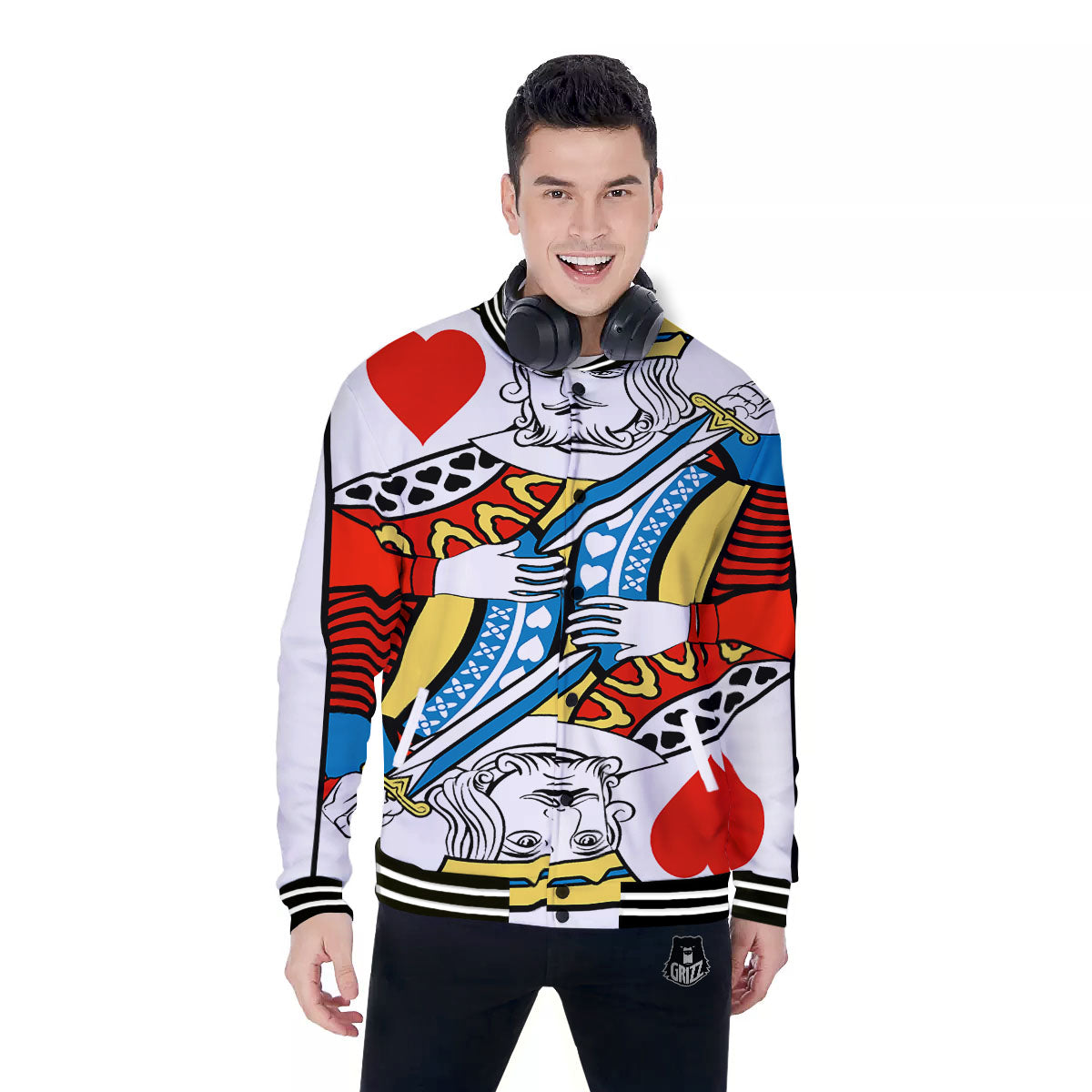 Playing Card King Of Hearts Print Baseball Jacket-grizzshop