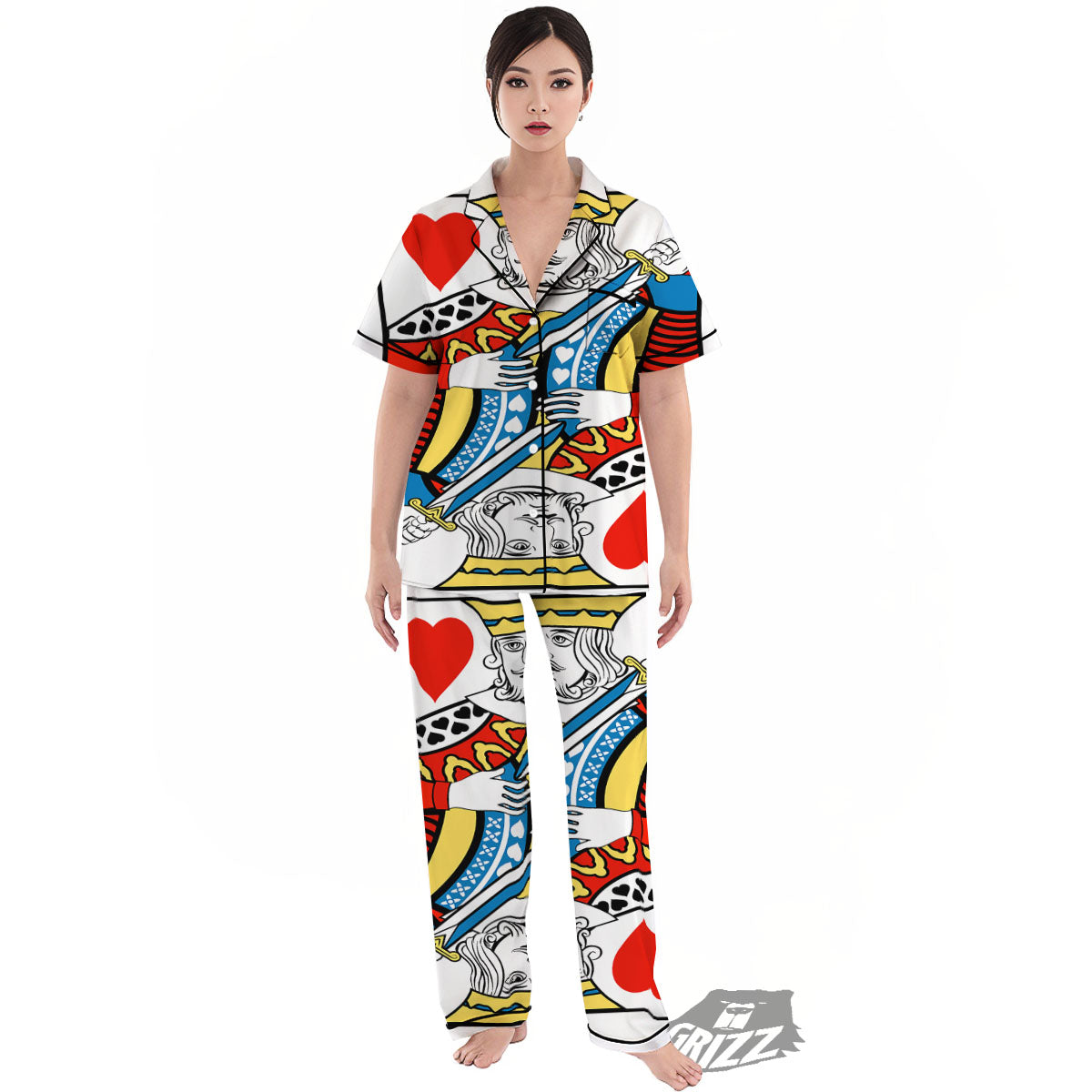 Playing Card King Of Hearts Print Women's Pajamas Set-grizzshop