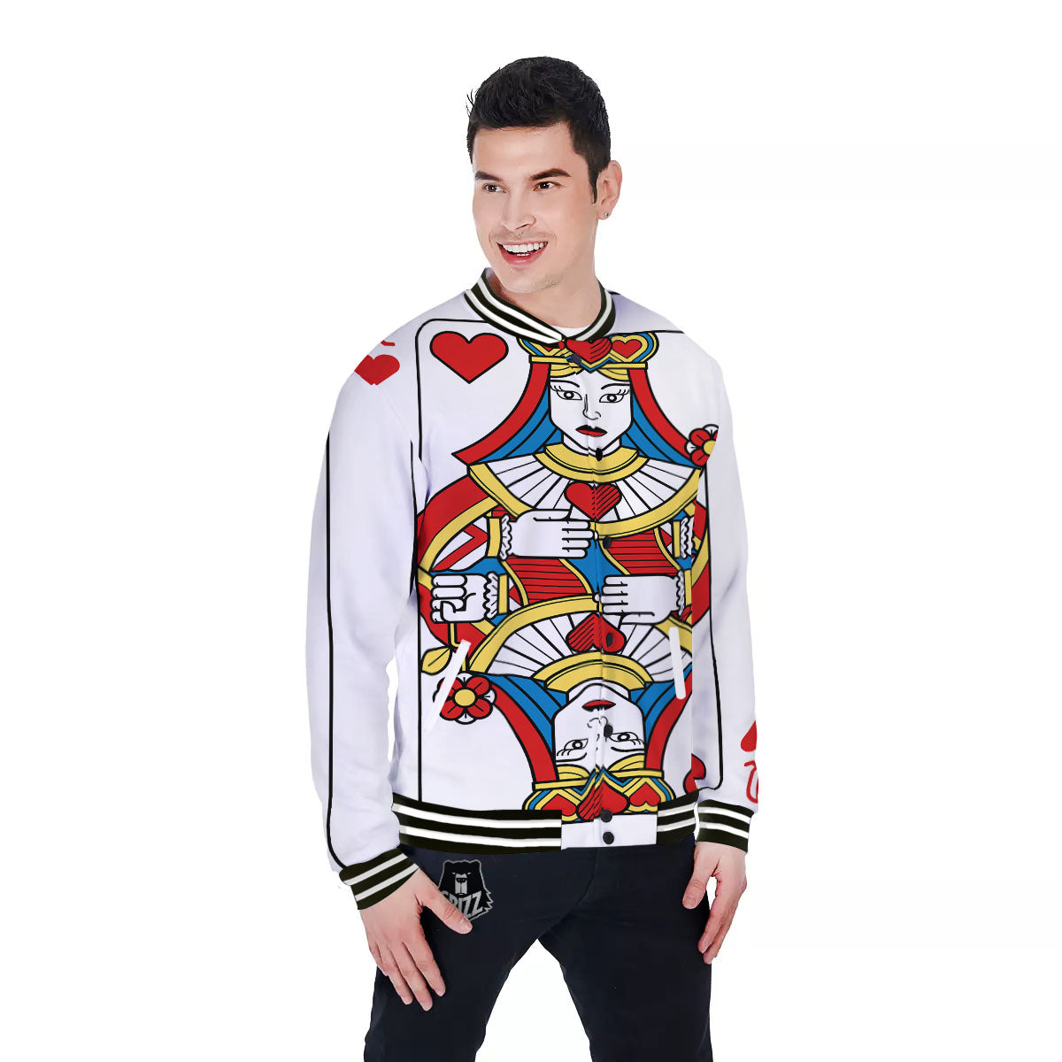 Playing Card Queen Of Hearts Print Baseball Jacket-grizzshop