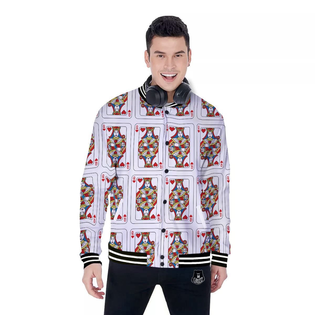 Playing Card Queen Of Hearts Print Pattern Baseball Jacket-grizzshop