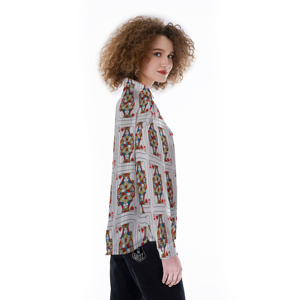 Playing Card Queen Of Hearts Print Pattern Women's Long Sleeve Shirts-grizzshop