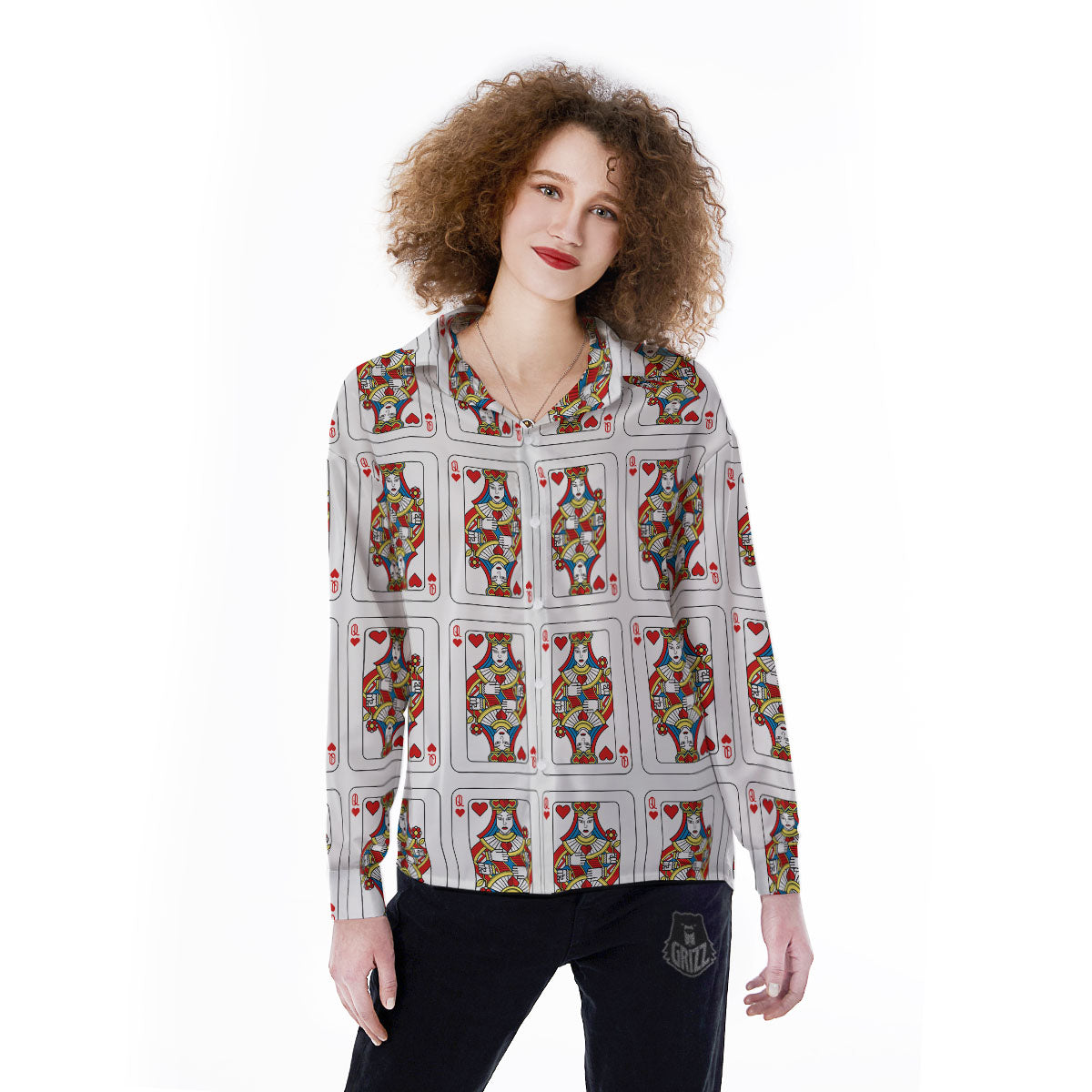 Playing Card Queen Of Hearts Print Pattern Women's Long Sleeve Shirts-grizzshop