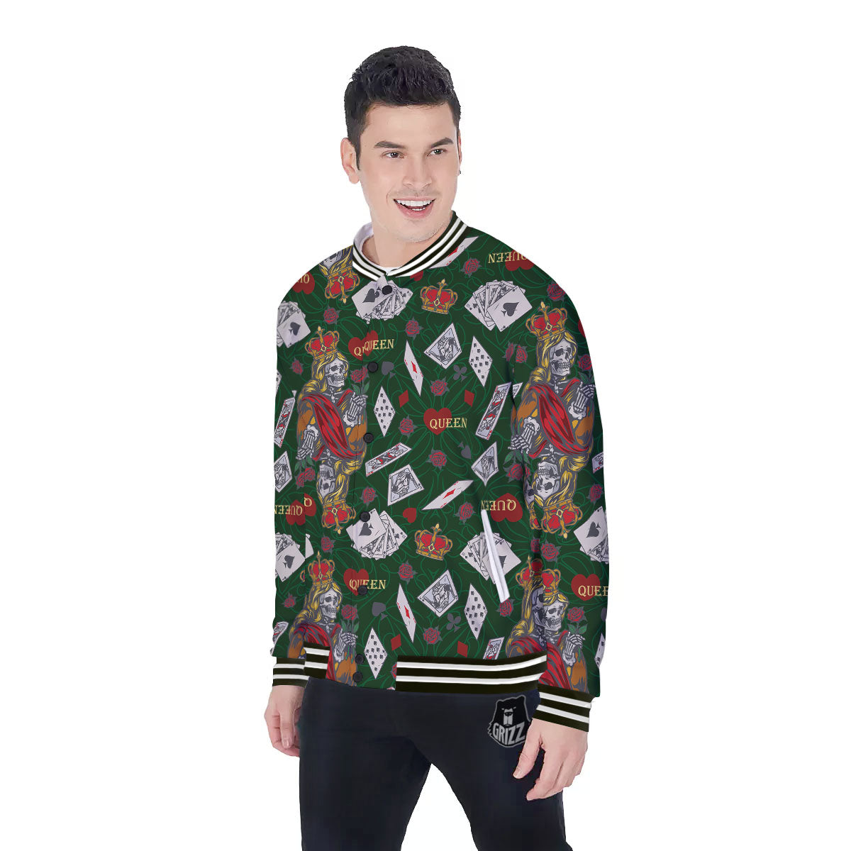 Playing Card Queen Of Spades Print Pattern Baseball Jacket-grizzshop