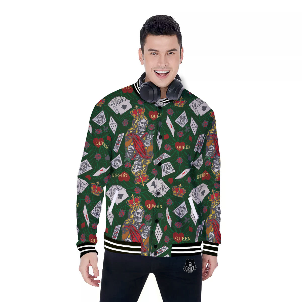Playing Card Queen Of Spades Print Pattern Baseball Jacket-grizzshop