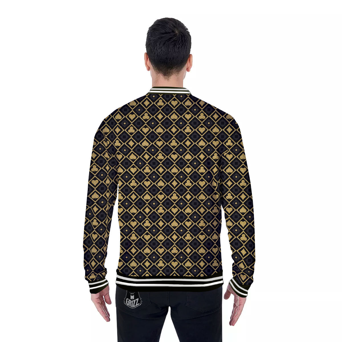 Playing Card Suits Gold Print Pattern Baseball Jacket-grizzshop