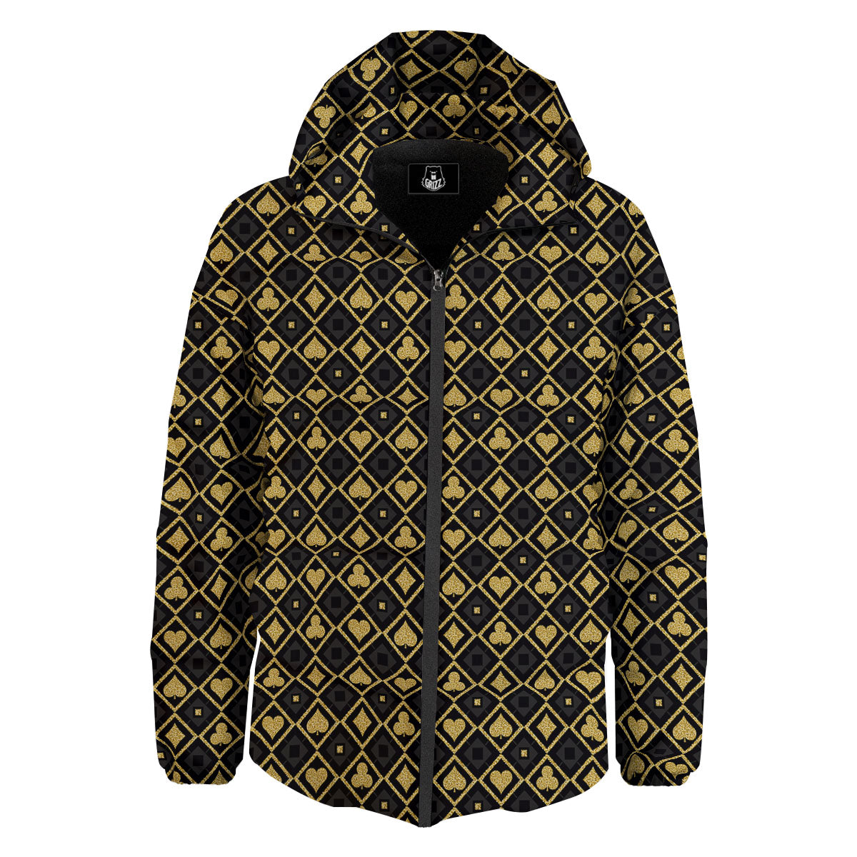 Playing Card Suits Gold Print Pattern Down Jacket-grizzshop