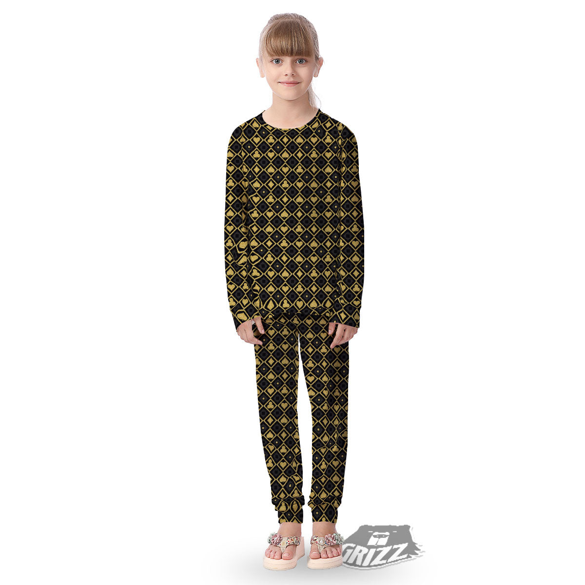 Playing Card Suits Gold Print Pattern Kid's Pajamas-grizzshop