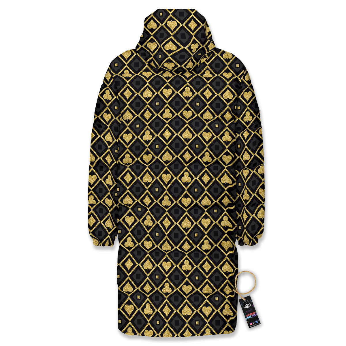 Playing Card Suits Gold Print Pattern Long Down Jacket-grizzshop