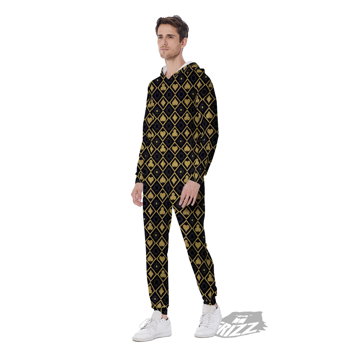 Playing Card Suits Gold Print Pattern Men's Jumpsuit-grizzshop