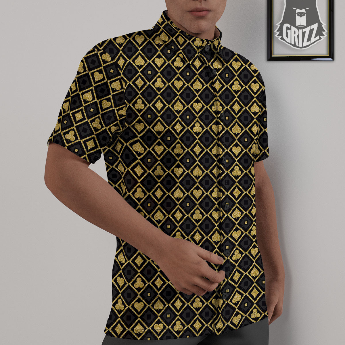 Playing Card Suits Gold Print Pattern Untucked Shirts-grizzshop
