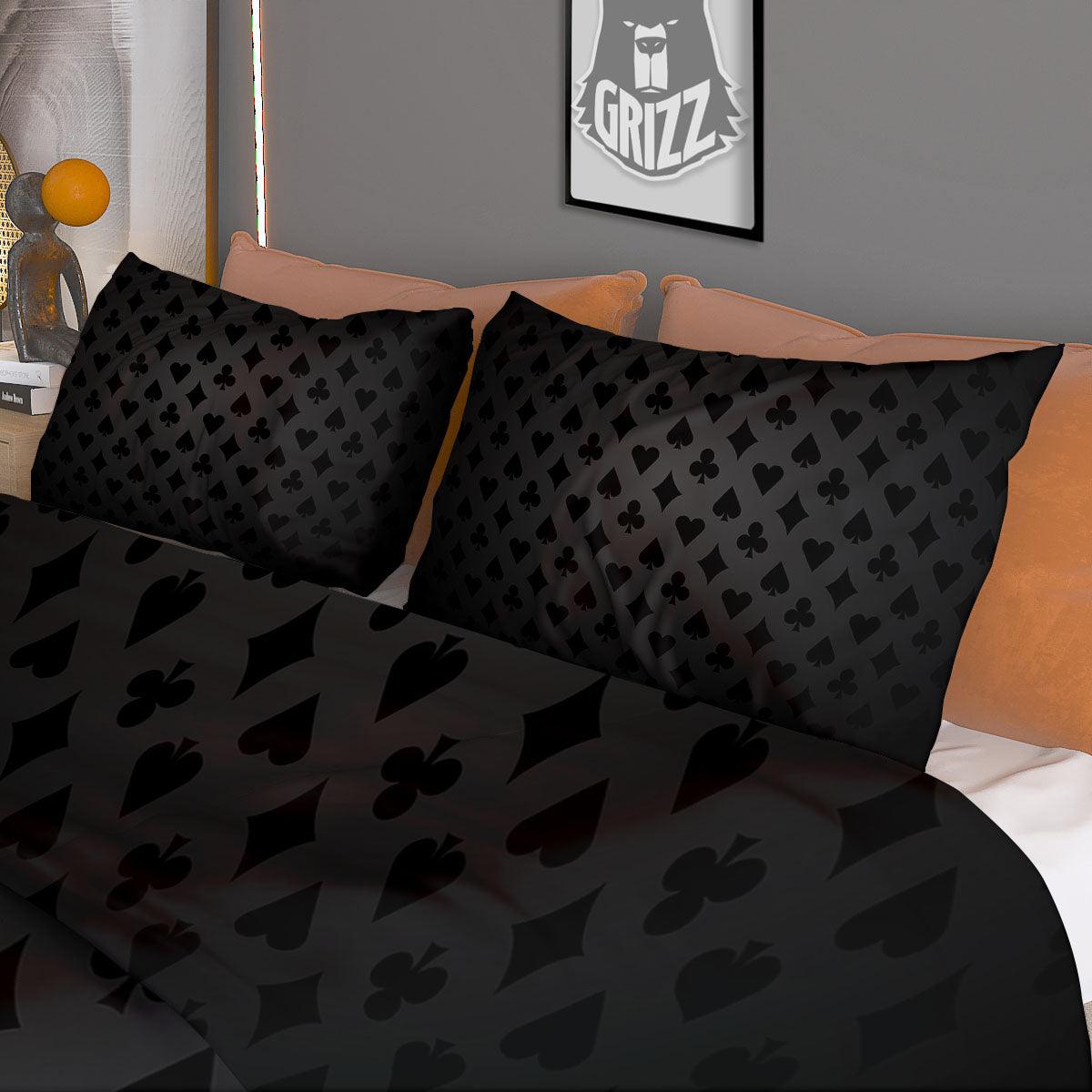 Playing Card Suits Grey And Black Print Duvet Cover Bedding Set