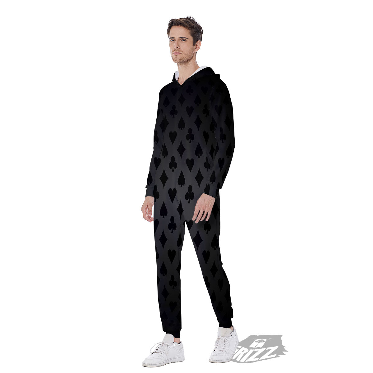 Playing Card Suits Grey And Black Print Men's Jumpsuit-grizzshop