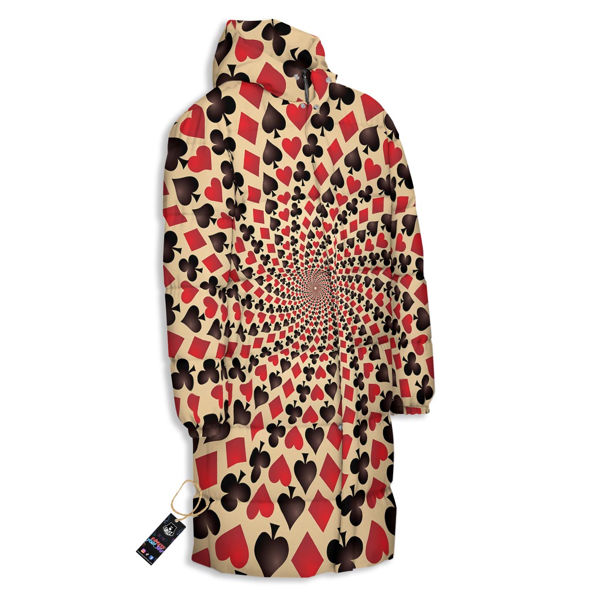 Playing Card Suits Swirl Print Long Down Jacket-grizzshop