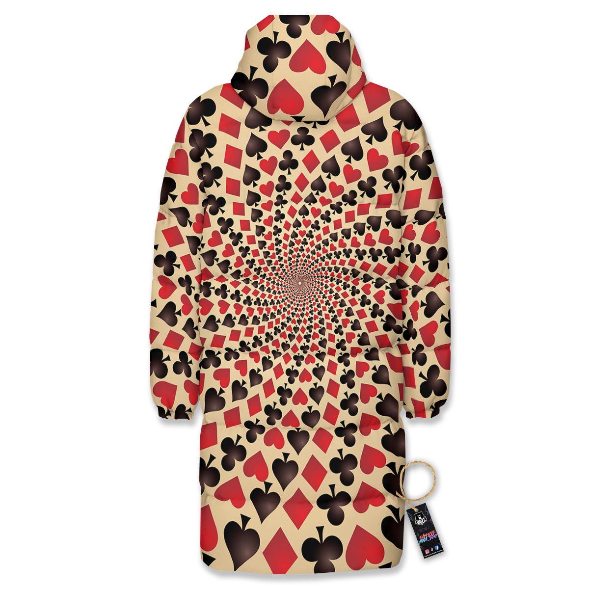 Playing Card Suits Swirl Print Long Down Jacket-grizzshop
