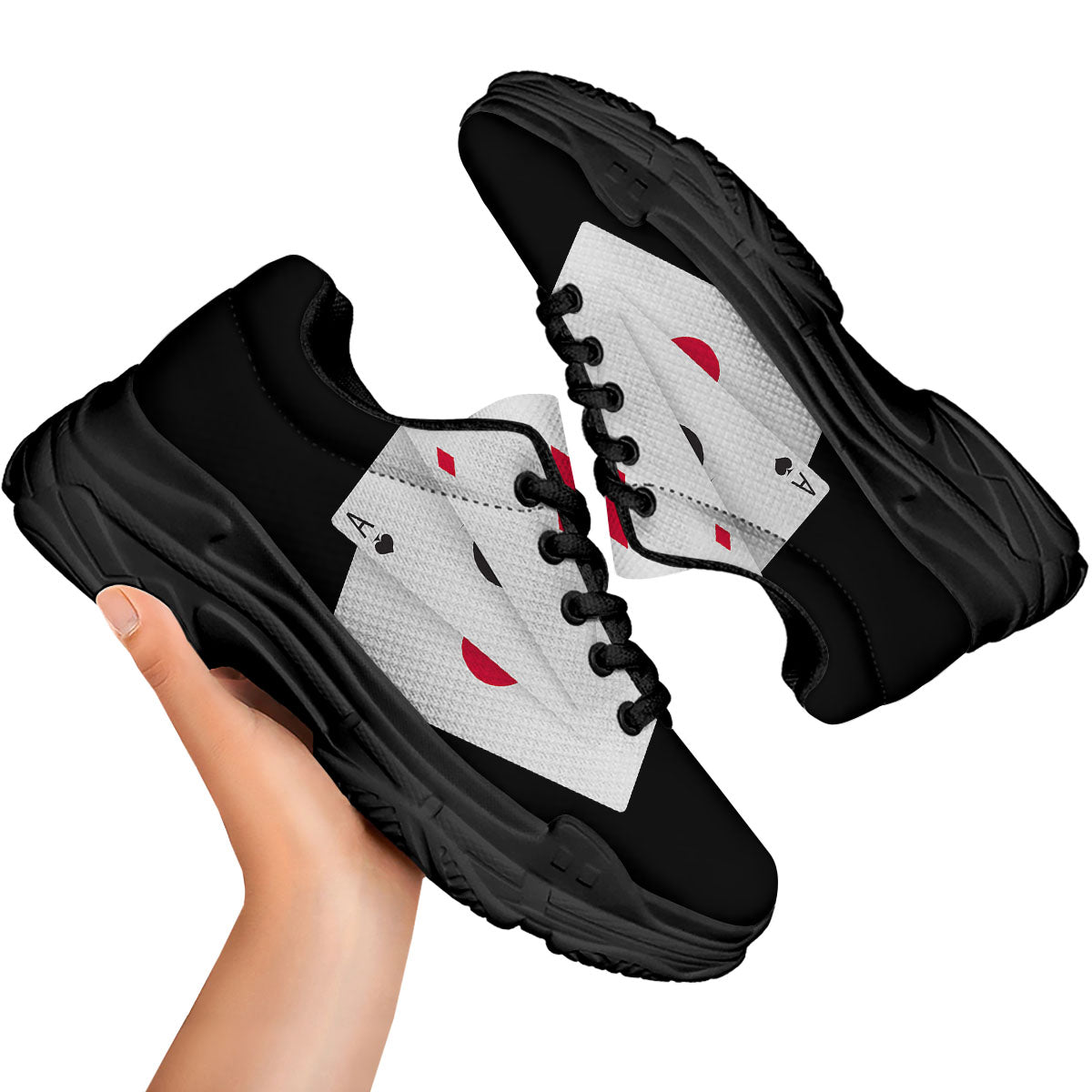 Playing Card Suits White And Black Print Black Chunky Shoes-grizzshop