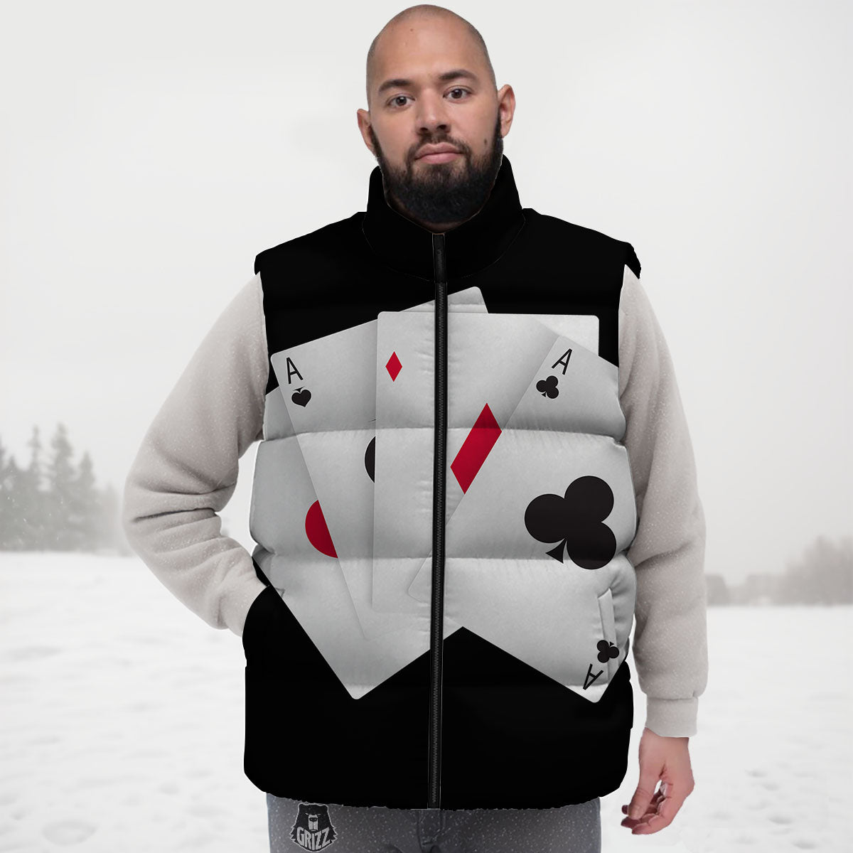 Playing Card Suits White And Black Print Down Vest