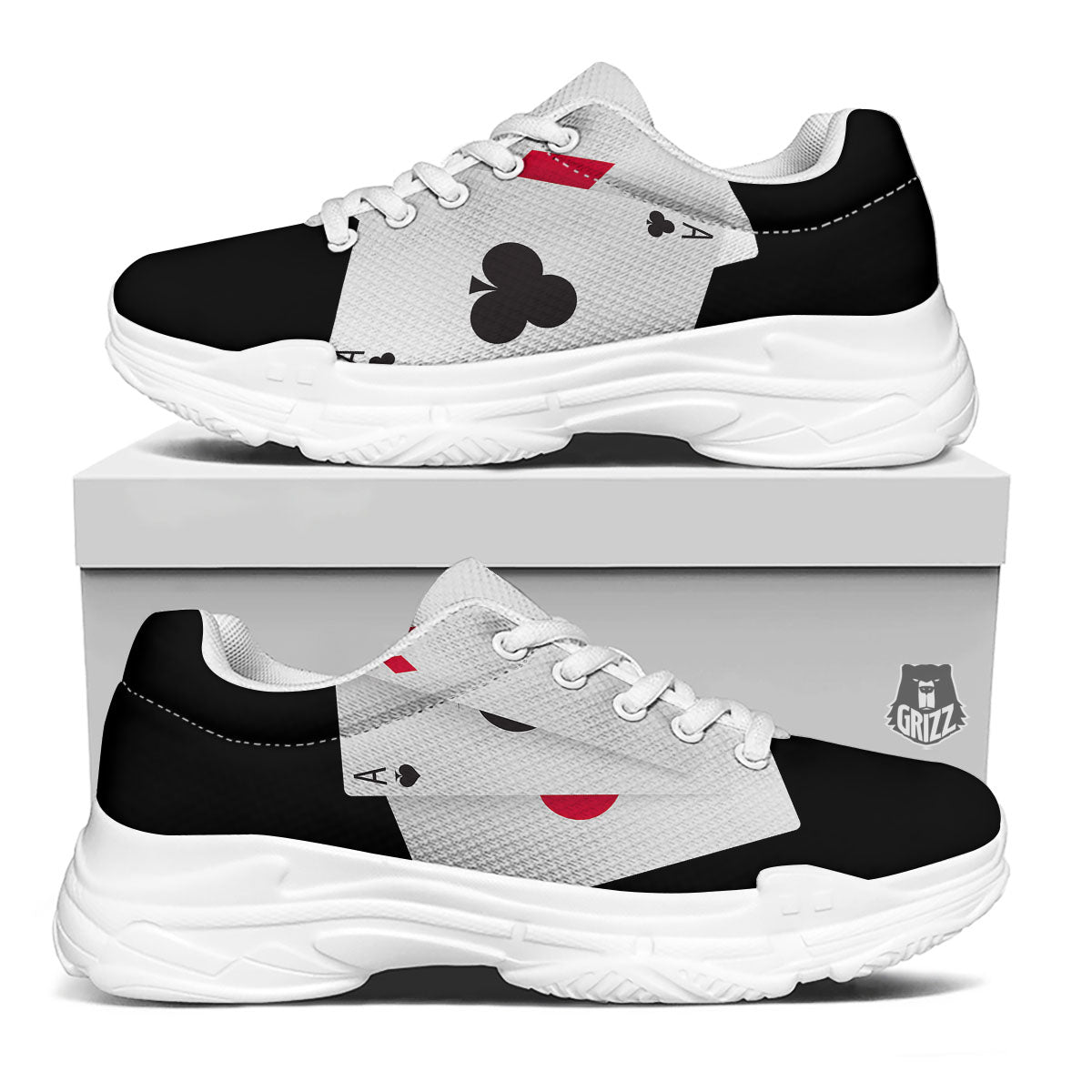 Playing Card Suits White And Black Print White Chunky Shoes-grizzshop