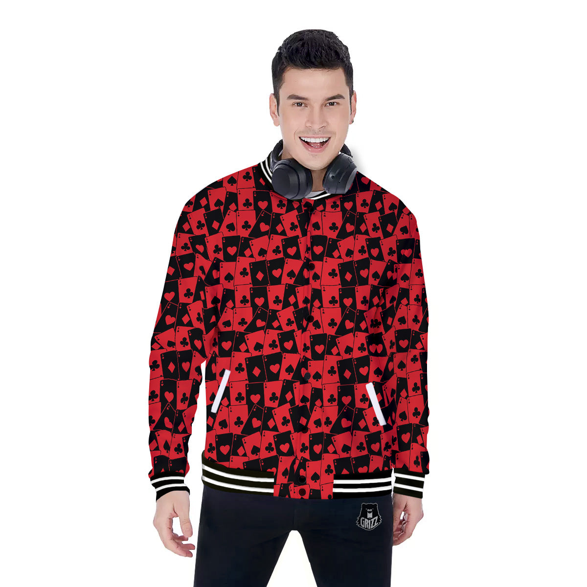Playing Cards Black Red Print Pattern Baseball Jacket-grizzshop