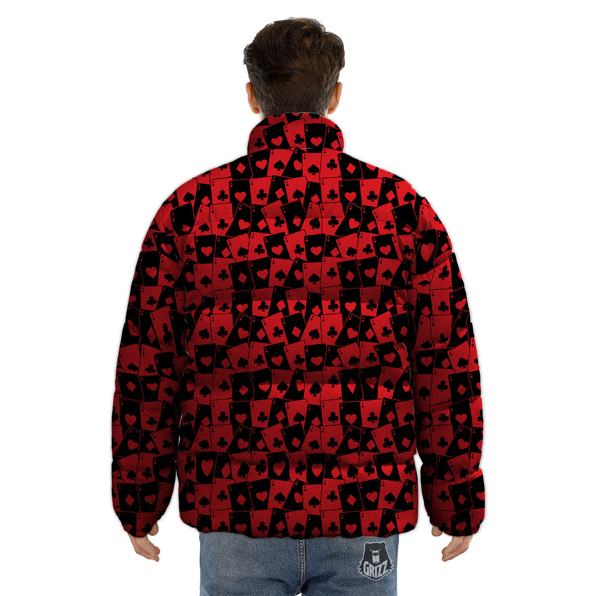 Playing Cards Black Red Print Pattern Puffer Jacket-grizzshop