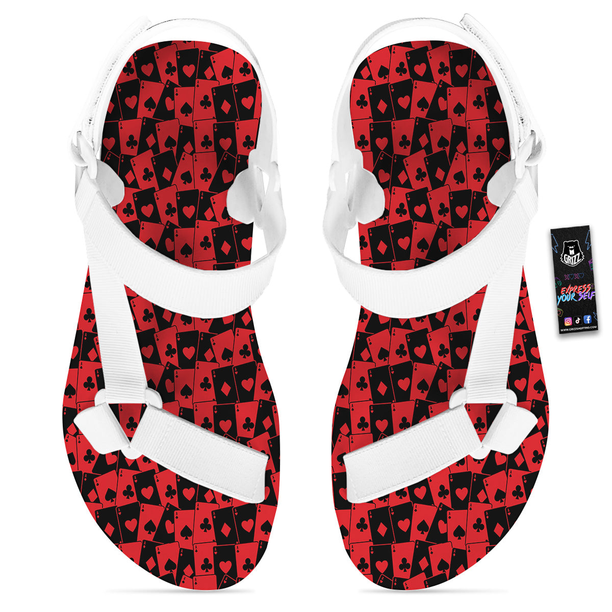 Playing Cards Black Red Print Pattern White Open Toe Sandals-grizzshop