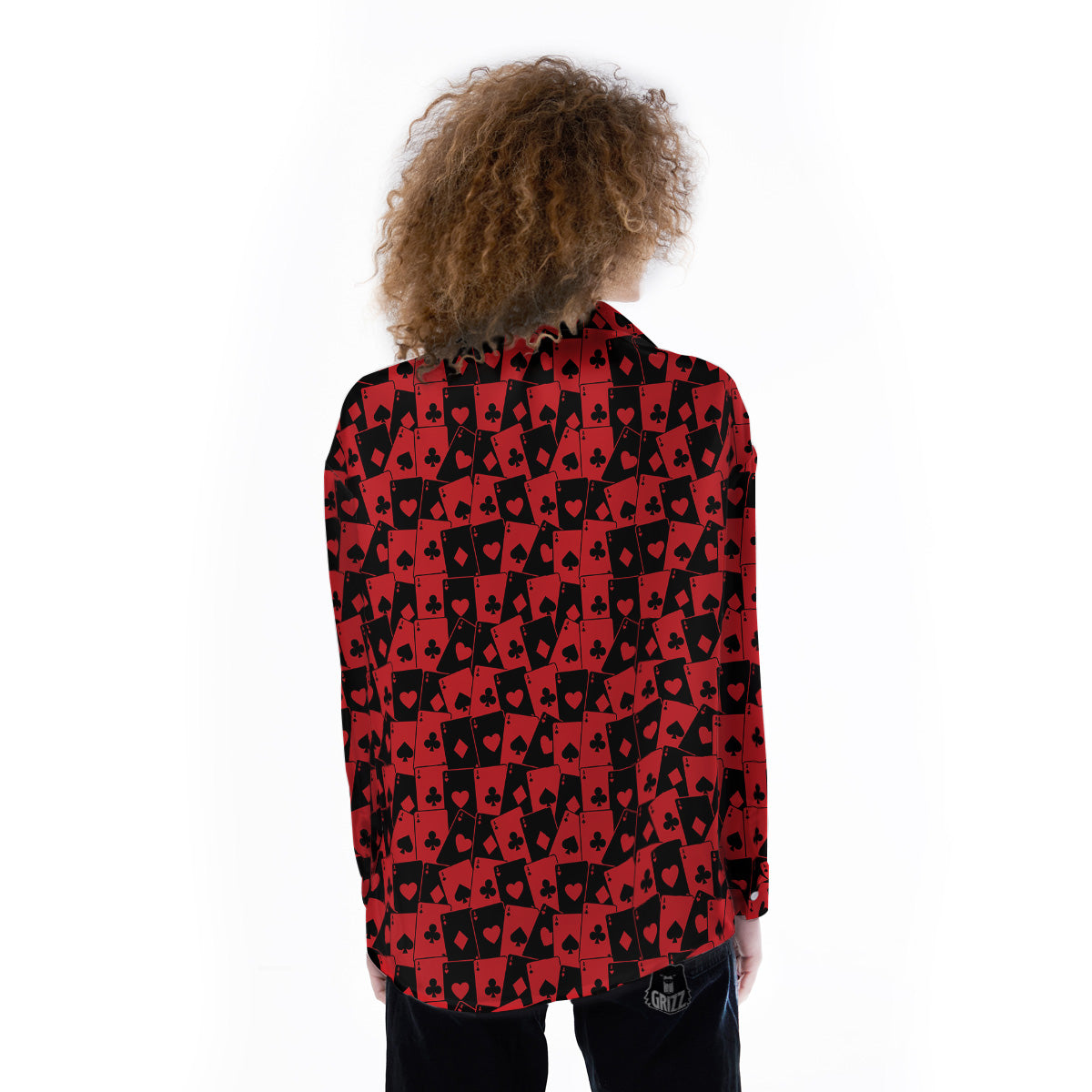 Playing Cards Black Red Print Pattern Women's Long Sleeve Shirts-grizzshop
