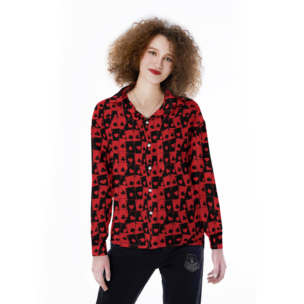 Playing Cards Black Red Print Pattern Women's Long Sleeve Shirts-grizzshop