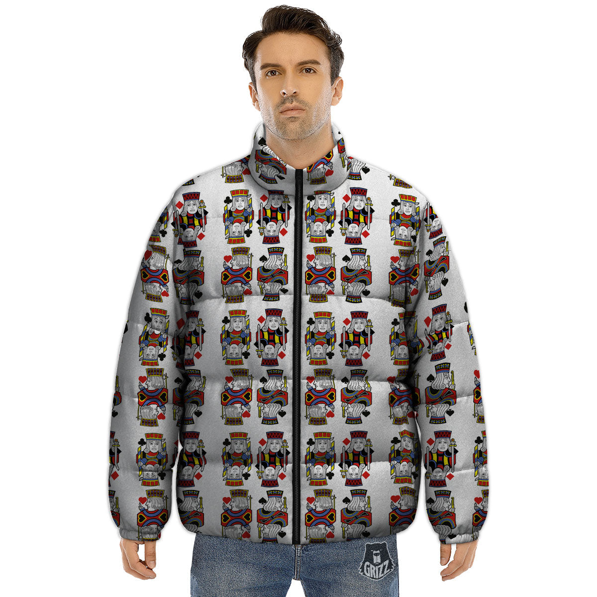 Playing Cards Four Jacks Print Pattern Puffer Jacket-grizzshop