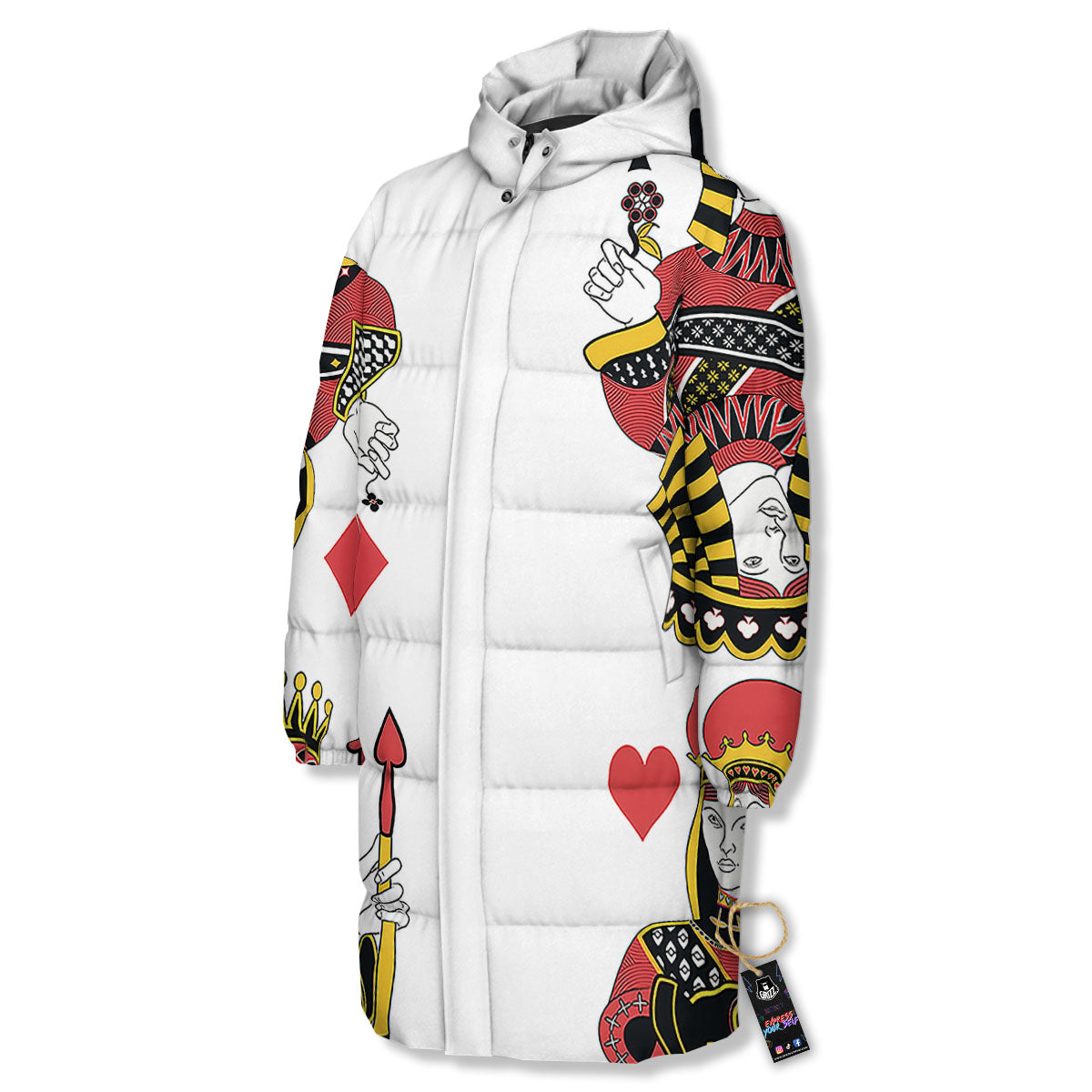 Playing Cards Four Queens Print Long Down Jacket-grizzshop