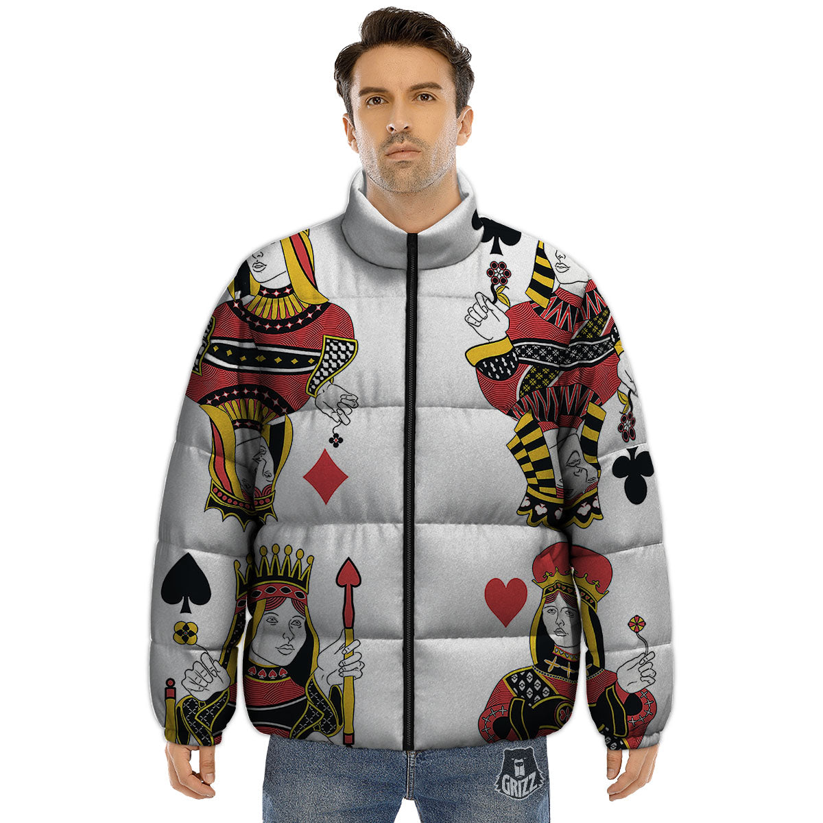 Playing Cards Four Queens Print Puffer Jacket-grizzshop
