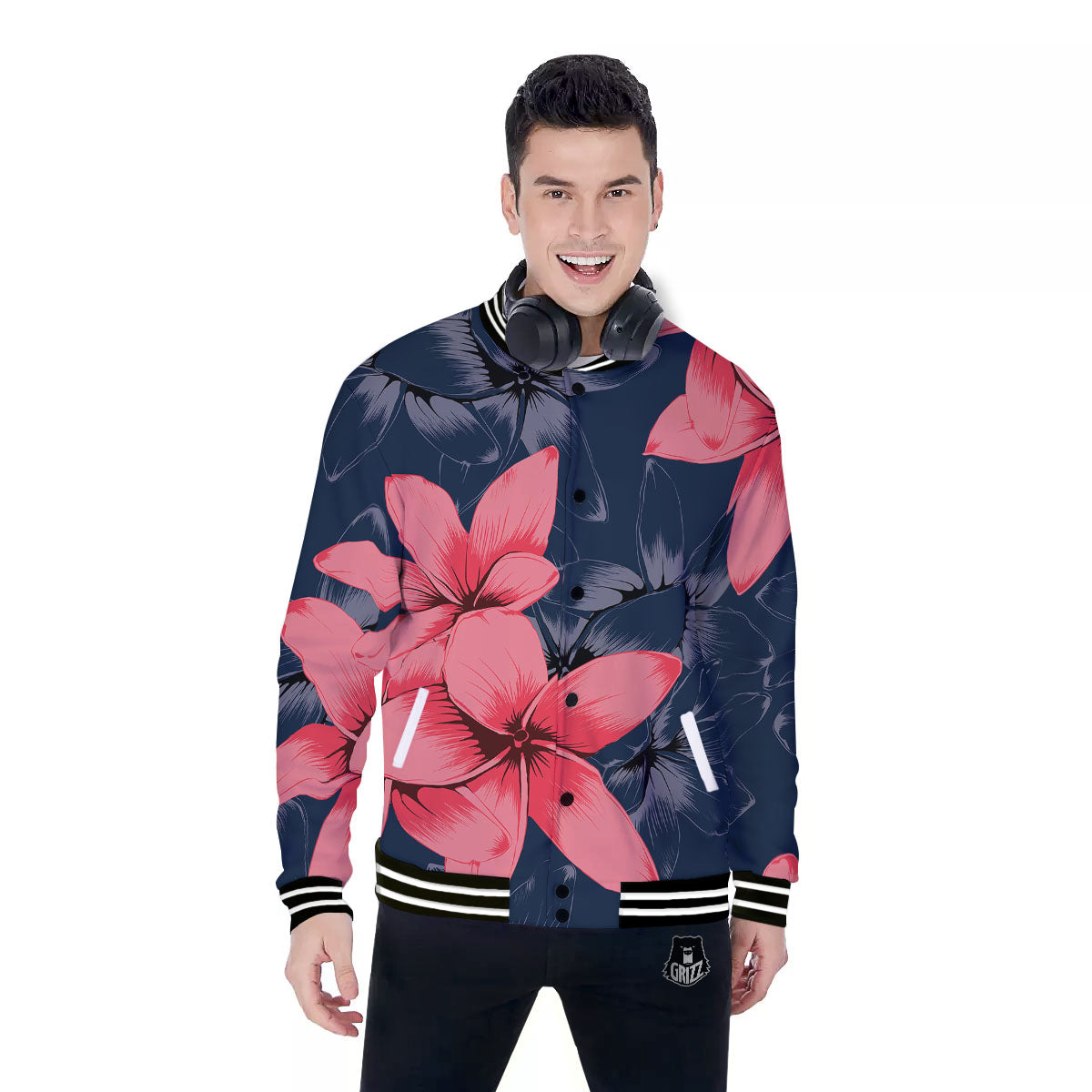 Plumeria Flower Pink Print Baseball Jacket-grizzshop