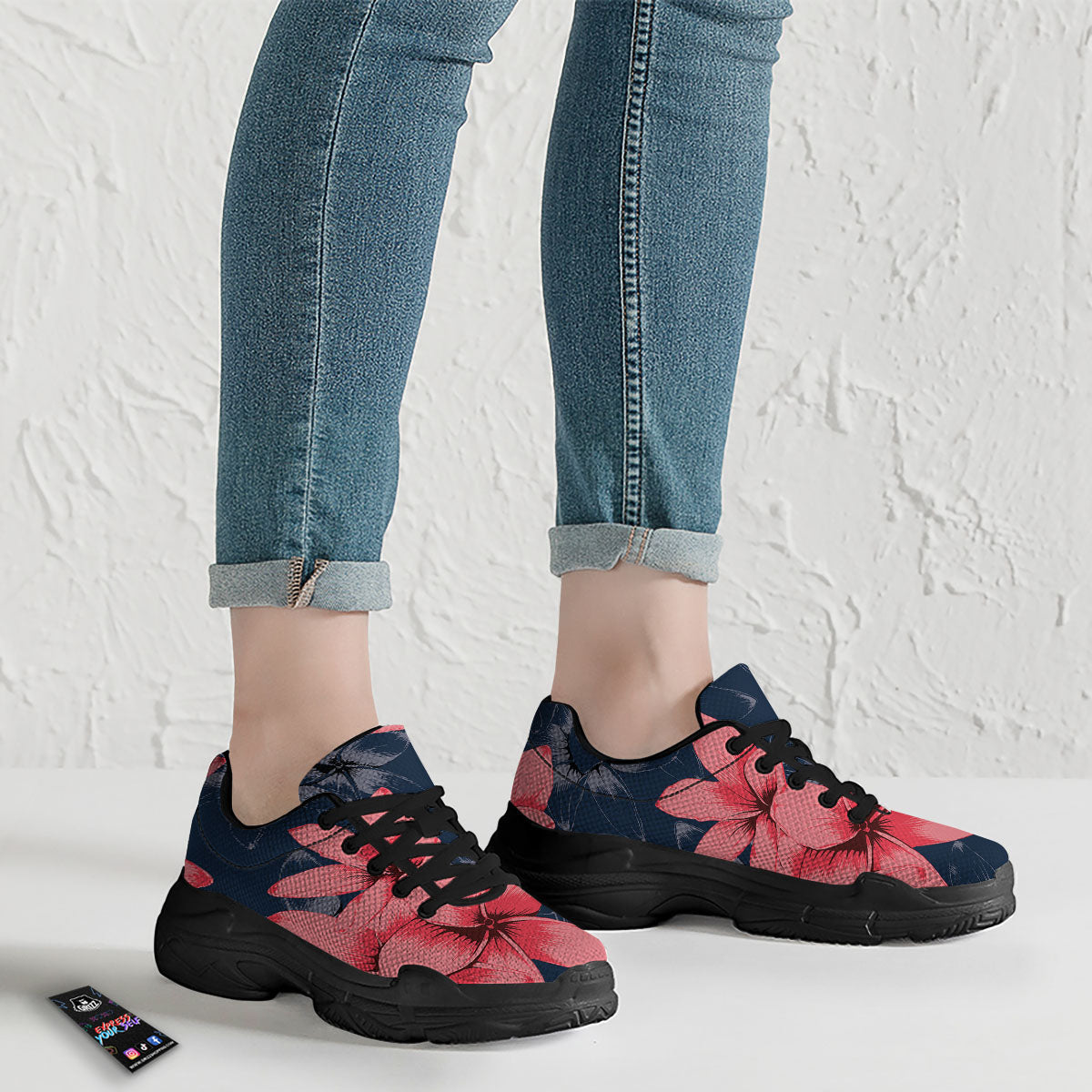 Plumeria Flower Pink Print Black Chunky Shoes-grizzshop