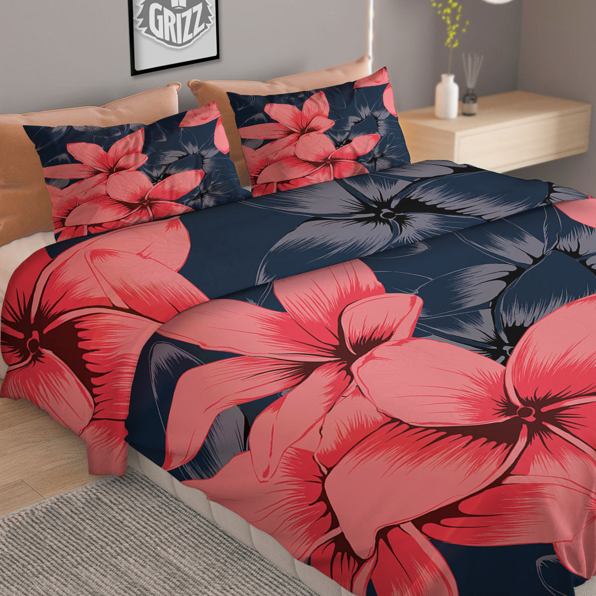 Plumeria Flower Pink Print Duvet Cover Bedding Set-grizzshop