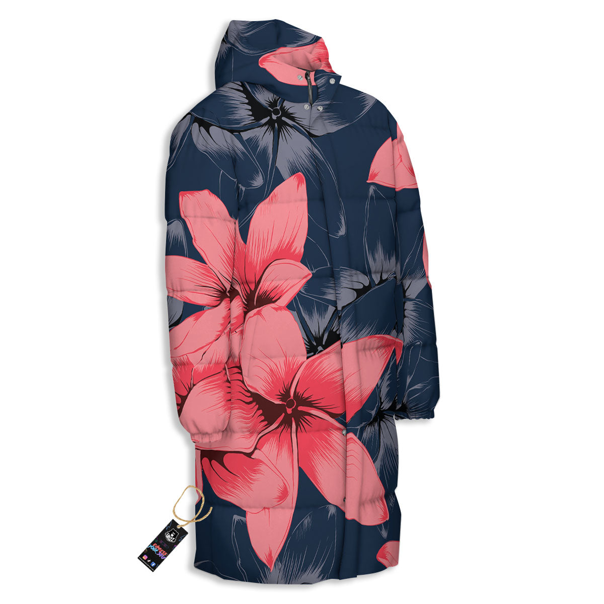 Plumeria Flower Pink Print Long Down Jacket-grizzshop